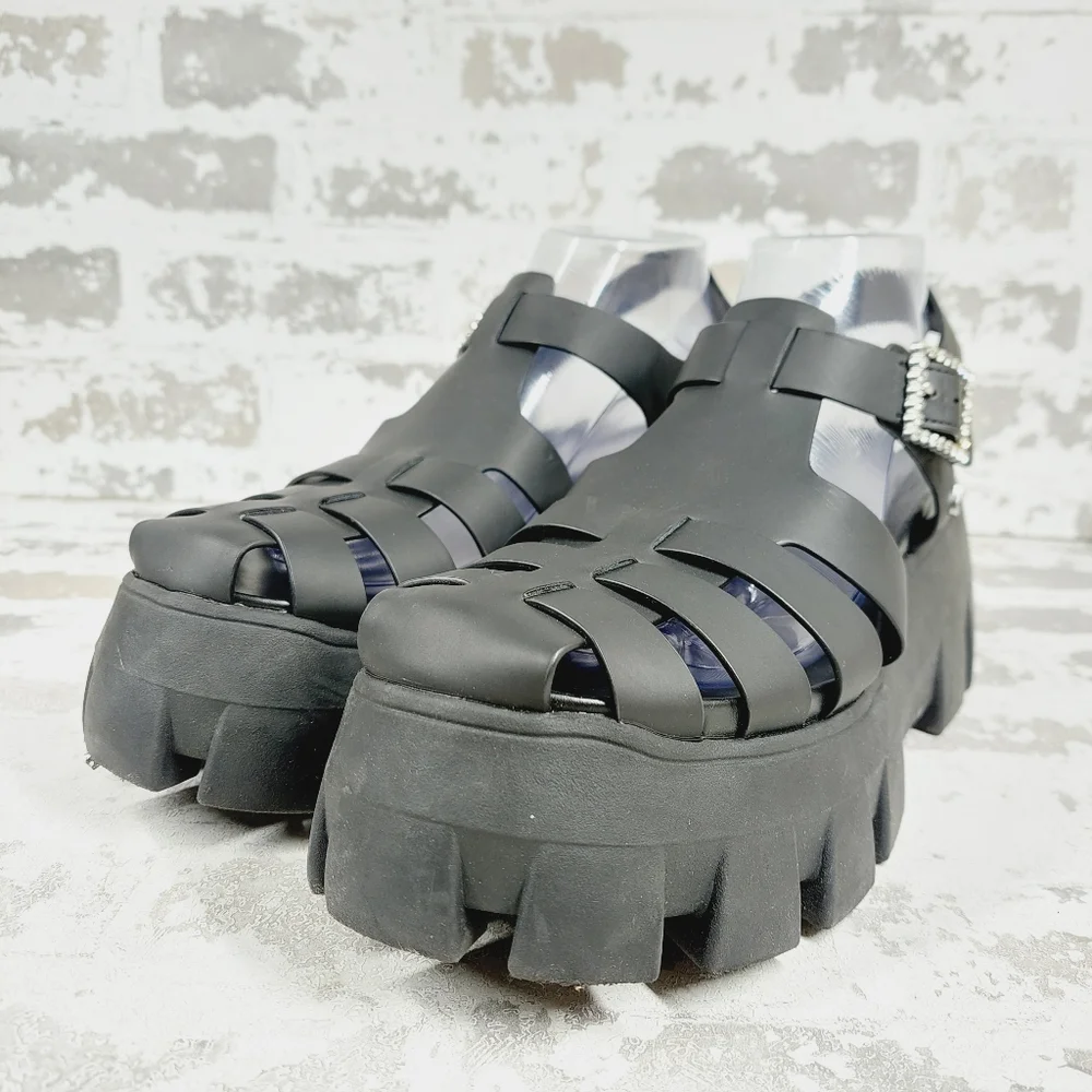 Sam Edelman Black Platform Fisherman Sandals with Crystal Buckle